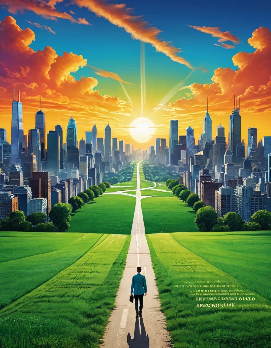 A vibrant illustration of a person standing at a crossroads, with one path leading to a bright city skyline symbolizing career success and the other to a lush green field representing personal happiness. The sky is filled with motivational words like 'growth', 'happiness', and 'success' in a radiant sunrise. The scene conveys optimism and potential with diverse professionals walking in both directions. super-realistic. vibrant colors. 3D.