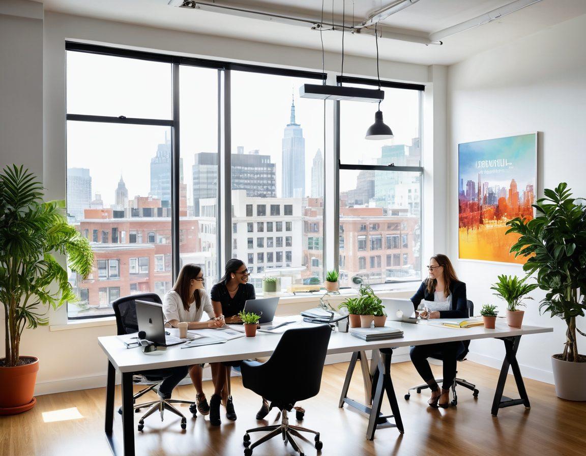 An inspirational workspace featuring a diverse group of professionals collaborating and brainstorming over a large table, surrounded by motivational posters and plants. An open window reveals a sunny cityscape outside, symbolizing opportunity and growth. Focus on expressions of joy and determination, with modern technology and career development resources visible around them. vibrant colors. super-realistic. white background.