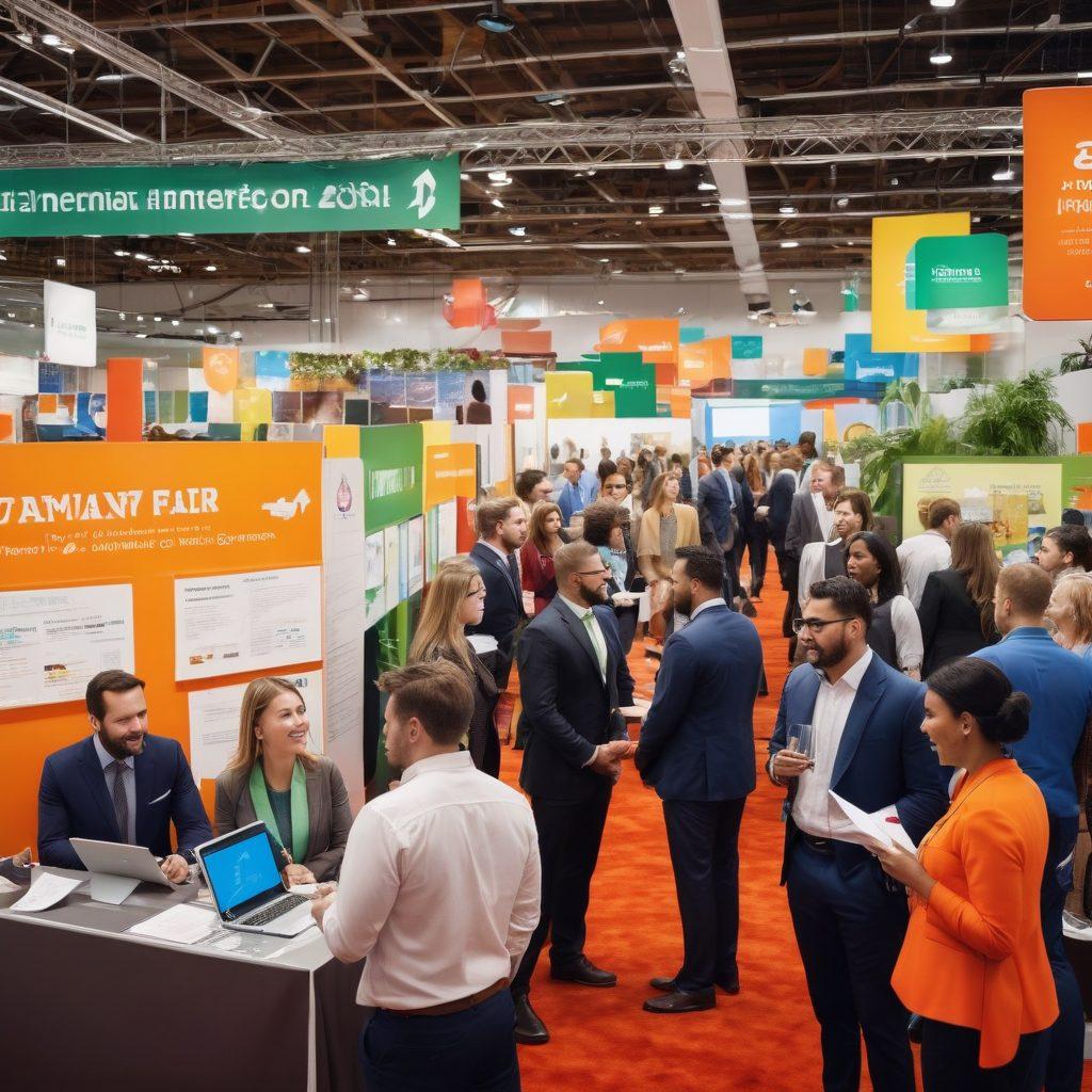 A dynamic scene of a diverse group of professionals enthusiastically networking at a career fair, surrounded by colorful booths showcasing various industries. Emphasize the energy and excitement of opportunity with elements like resumes, laptops, and business cards in hand. Include symbols of growth, such as plants or arrows, subtly woven into the background. The atmosphere should be vibrant and inspiring, reflecting the journey of mastering job hunting. super-realistic. vibrant colors. 3D.
